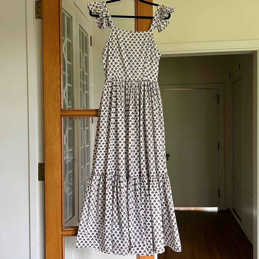 Daughters of India White Maxi Dress with Brown Floral Motif